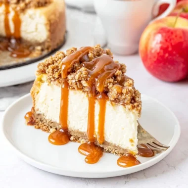 Delicious Apple Crisp Cheesecake with spiced apples and crunchy topping