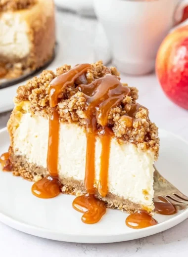 Delicious Apple Crisp Cheesecake with spiced apples and crunchy topping