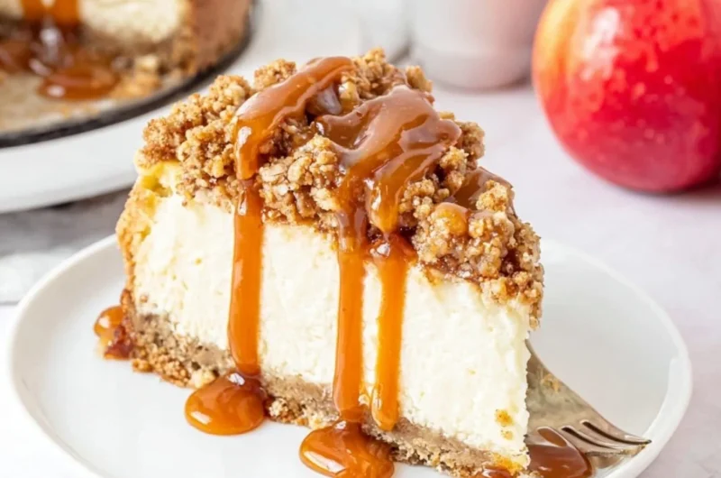 Delicious Apple Crisp Cheesecake with spiced apples and crunchy topping