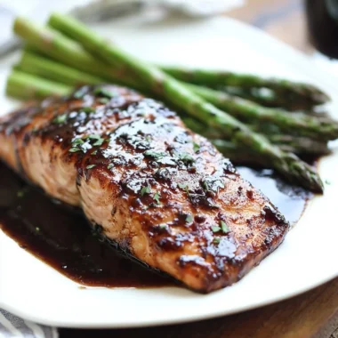 Delicious balsamic glazed salmon served on a plate with vegetables