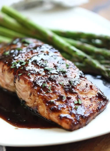 Delicious balsamic glazed salmon served on a plate with vegetables
