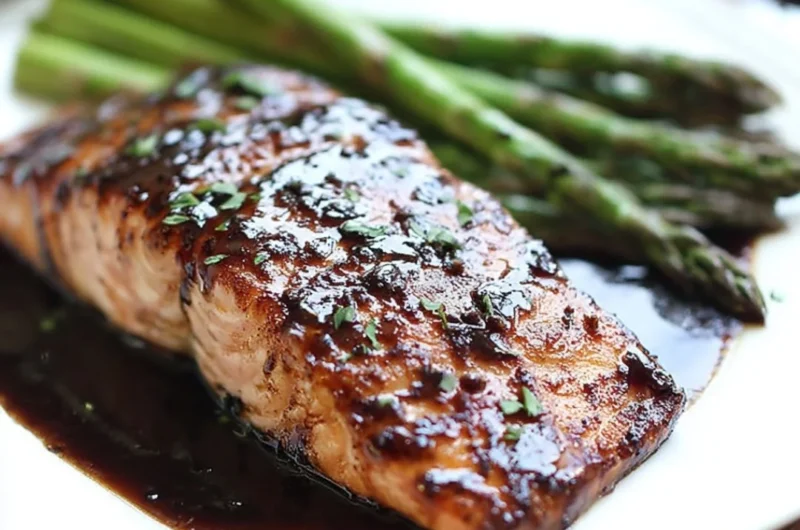 Delicious balsamic glazed salmon served on a plate with vegetables