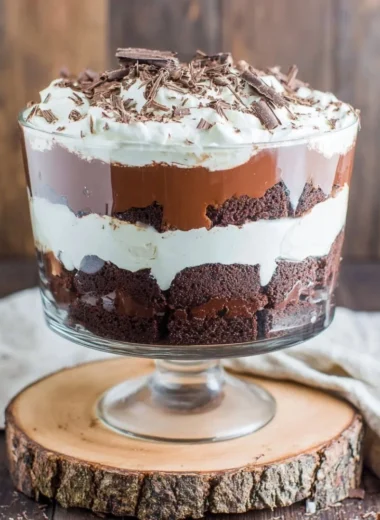 Delicious brownie trifle layered with chocolate, cream, and toppings