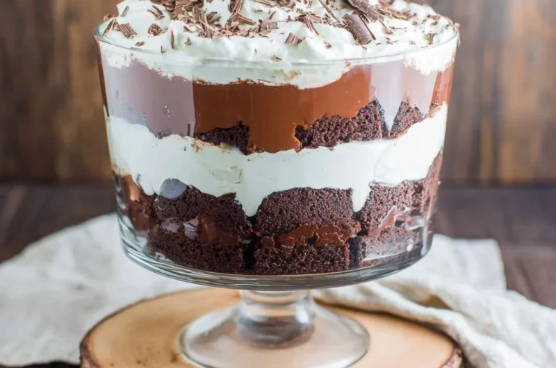 Delicious brownie trifle layered with chocolate, cream, and toppings