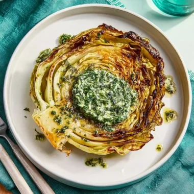 Cabbage steaks drizzled with herb butter on a serving plate.