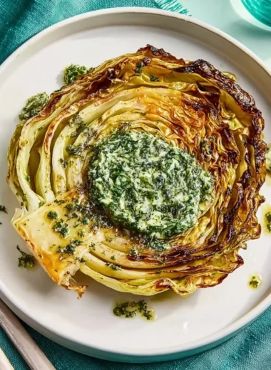 Cabbage steaks drizzled with herb butter on a serving plate.