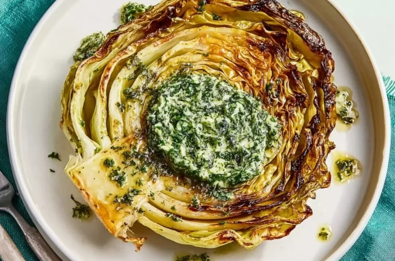 Cabbage steaks drizzled with herb butter on a serving plate.