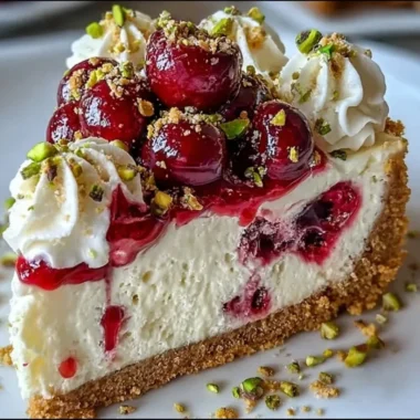 Cherry Pistachio Cheesecake with cherry topping and pistachio garnishes