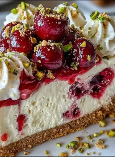 Cherry Pistachio Cheesecake with cherry topping and pistachio garnishes