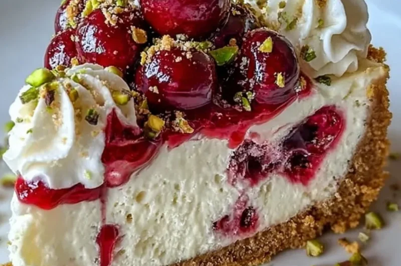 Cherry Pistachio Cheesecake with cherry topping and pistachio garnishes