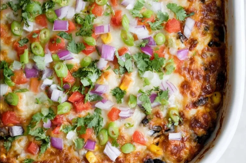Delicious Chicken Burrito Casserole topped with melted cheese and fresh ingredients