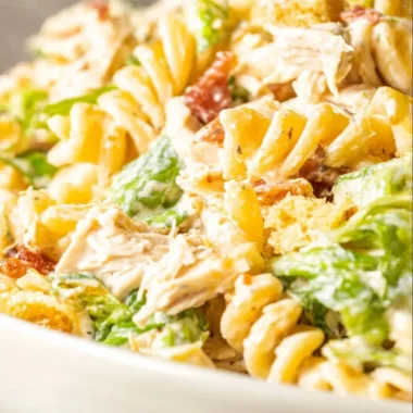 Delicious Chicken Caesar Pasta Salad with grilled chicken and Caesar dressing