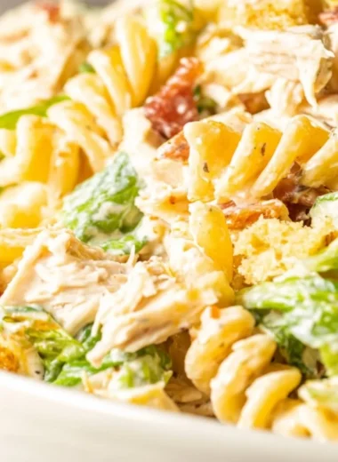 Delicious Chicken Caesar Pasta Salad with grilled chicken and Caesar dressing