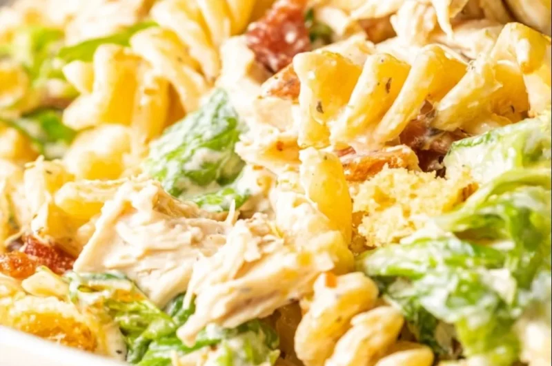 Delicious Chicken Caesar Pasta Salad with grilled chicken and Caesar dressing