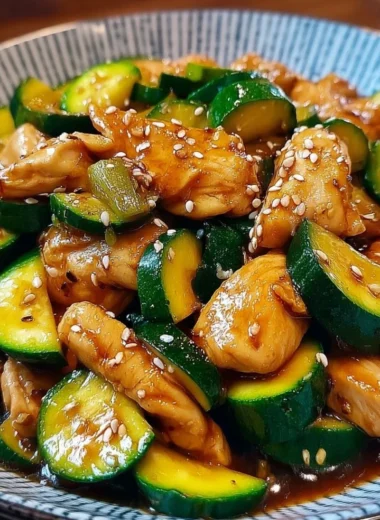 Colorful Chicken Zucchini Stir Fry served in a bowl
