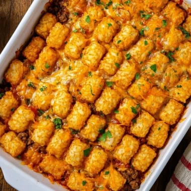 Delicious Cowboy Casserole topped with cheese and jalapeños on a serving plate.