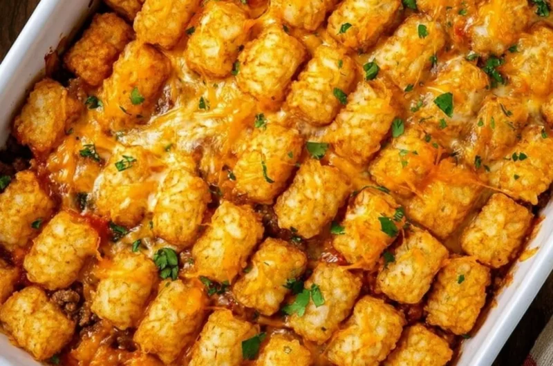 Delicious Cowboy Casserole topped with cheese and jalapeños on a serving plate.