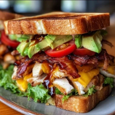 Delicious Cowboy Club Sandwich with layers of turkey, ham, bacon, and fresh veggies