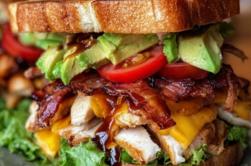 Delicious Cowboy Club Sandwich with layers of turkey, ham, bacon, and fresh veggies