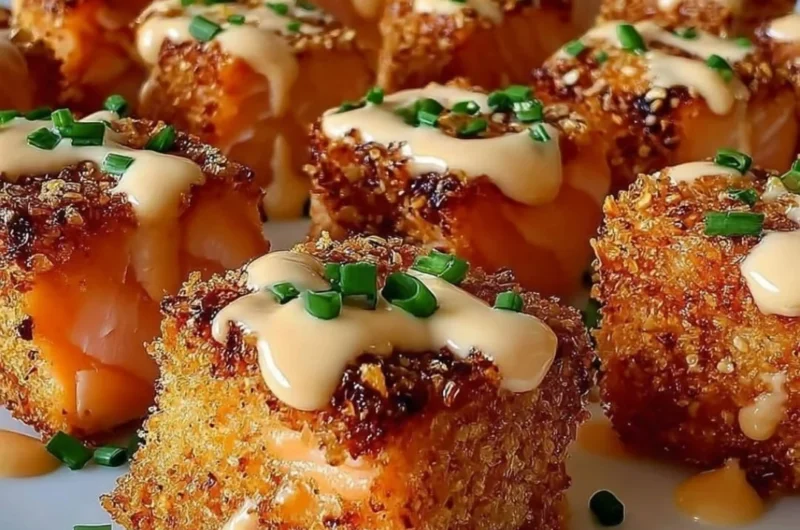 Crispy Bang Bang Salmon Bites served on a plate with dipping sauce.