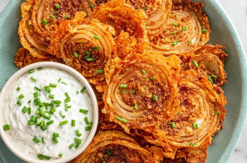 Crispy onion ring chips served in a bowl for a delicious snack.