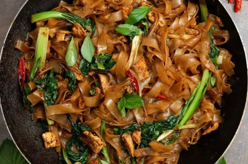 Plate of delicious drunken noodles with vegetables and spices