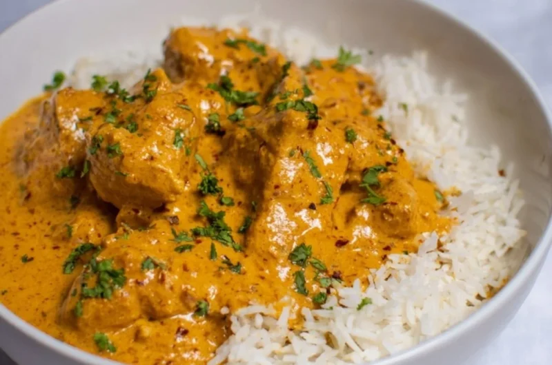 Bowl of easy and healthy coconut chicken curry with vegetables and rice