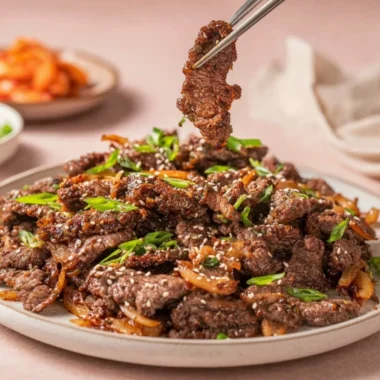 Delicious and tender Easy Korean Bulgogi served with rice and vegetables