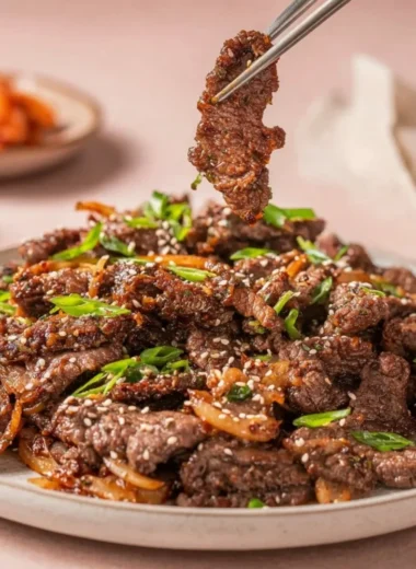 Delicious and tender Easy Korean Bulgogi served with rice and vegetables