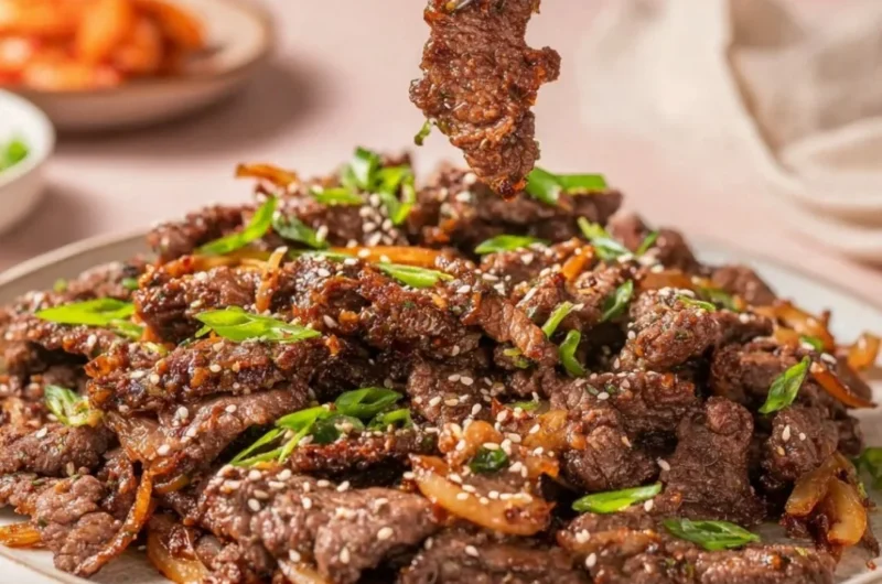 Delicious and tender Easy Korean Bulgogi served with rice and vegetables