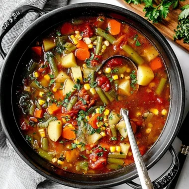 Bowl of easy vegetable soup with colorful fresh vegetables