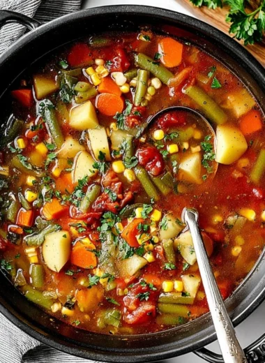Bowl of easy vegetable soup with colorful fresh vegetables