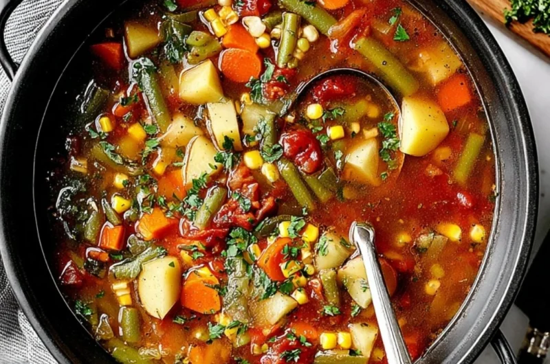 Bowl of easy vegetable soup with colorful fresh vegetables