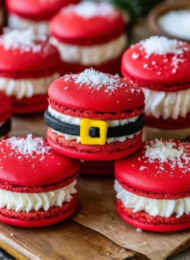 Festive Santa Claus Macarons decorated for the holiday season