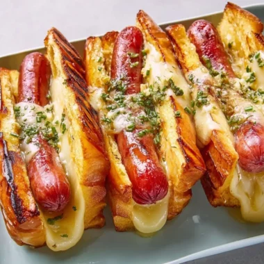 Delicious garlic butter grilled cheese hot dogs stacked on a plate.