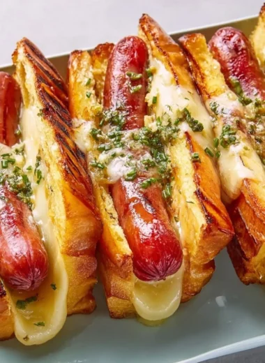 Delicious garlic butter grilled cheese hot dogs stacked on a plate.
