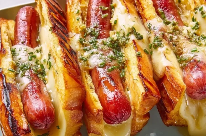 Delicious garlic butter grilled cheese hot dogs stacked on a plate.