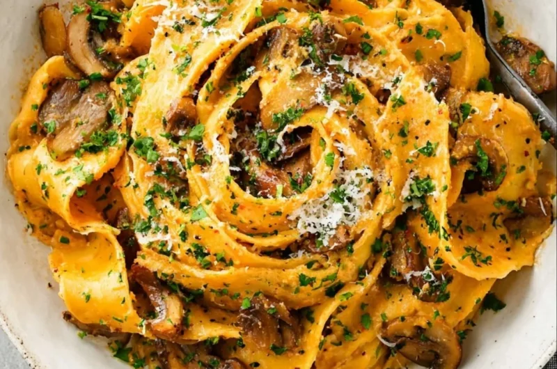 Delicious garlic mushroom pasta served in a bowl with herbs and cheese