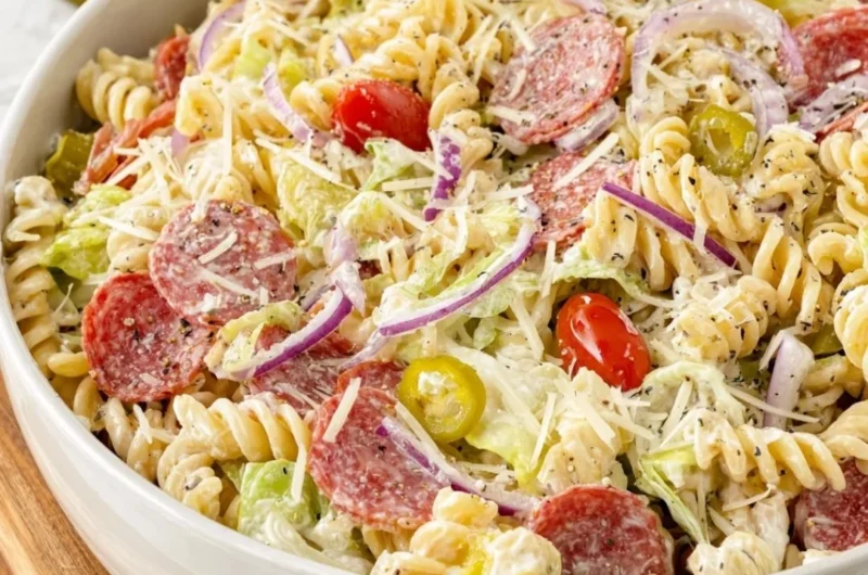 Colorful Grinder Pasta Salad with vegetables and dressing in a bowl