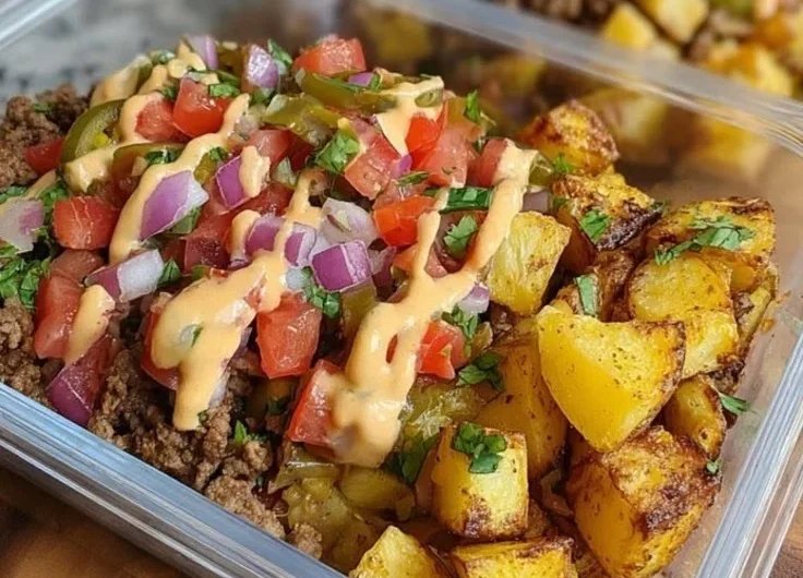 Delicious Loaded Potato Taco Bowl topped with fresh ingredients