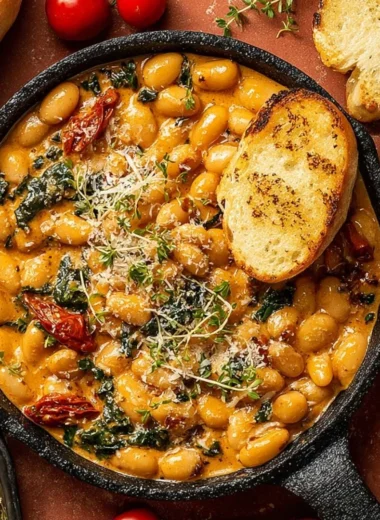 Creamy Marry Me Butter Beans served in a bowl with garnishes.