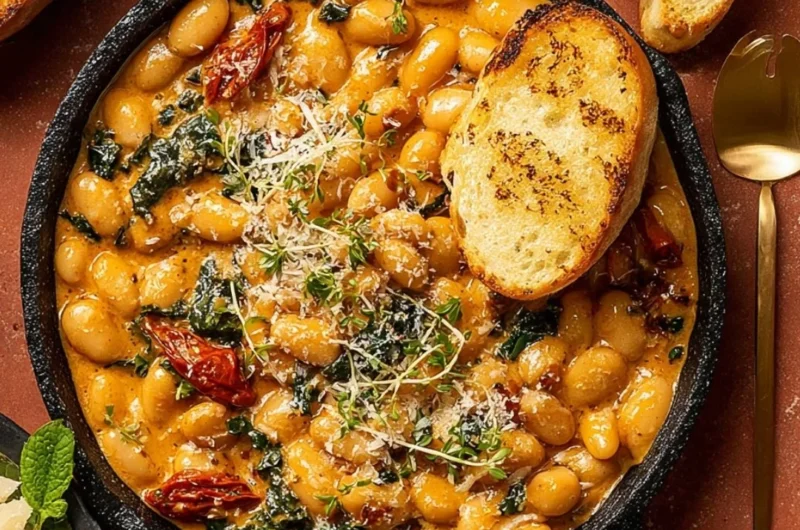 Creamy Marry Me Butter Beans served in a bowl with garnishes.