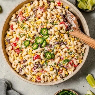 Colorful Mexican Macaroni Salad with fresh vegetables and spices
