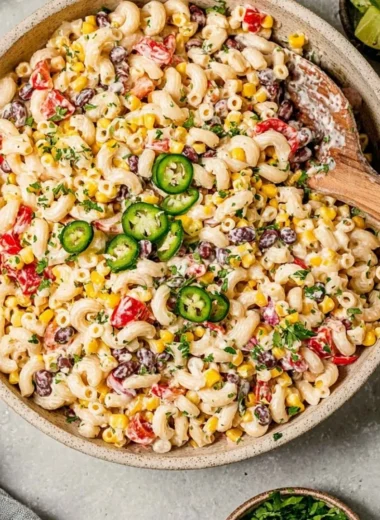 Colorful Mexican Macaroni Salad with fresh vegetables and spices