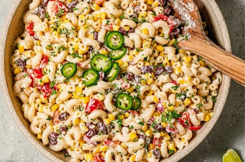 Colorful Mexican Macaroni Salad with fresh vegetables and spices