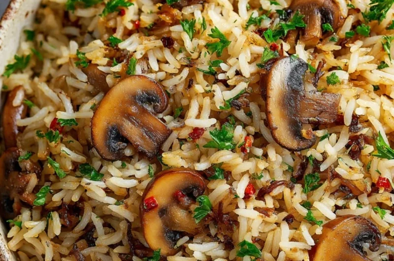 Delicious Mushroom Rice served in a bowl, garnished with herbs
