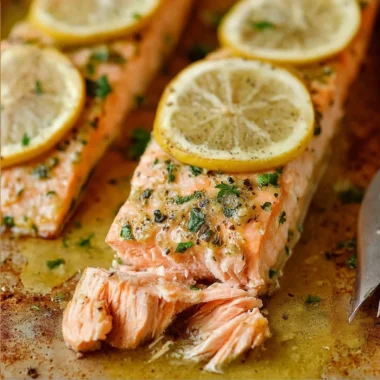 Perfectly oven roasted salmon fillet garnished with herbs.