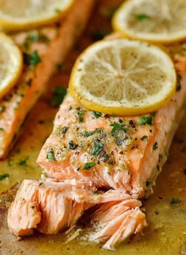 Perfectly oven roasted salmon fillet garnished with herbs.