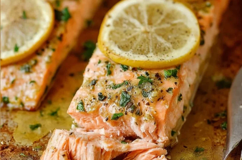 Perfectly oven roasted salmon fillet garnished with herbs.