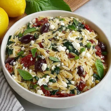 Orzo pasta salad with feta cheese and sun-dried tomatoes in a bowl